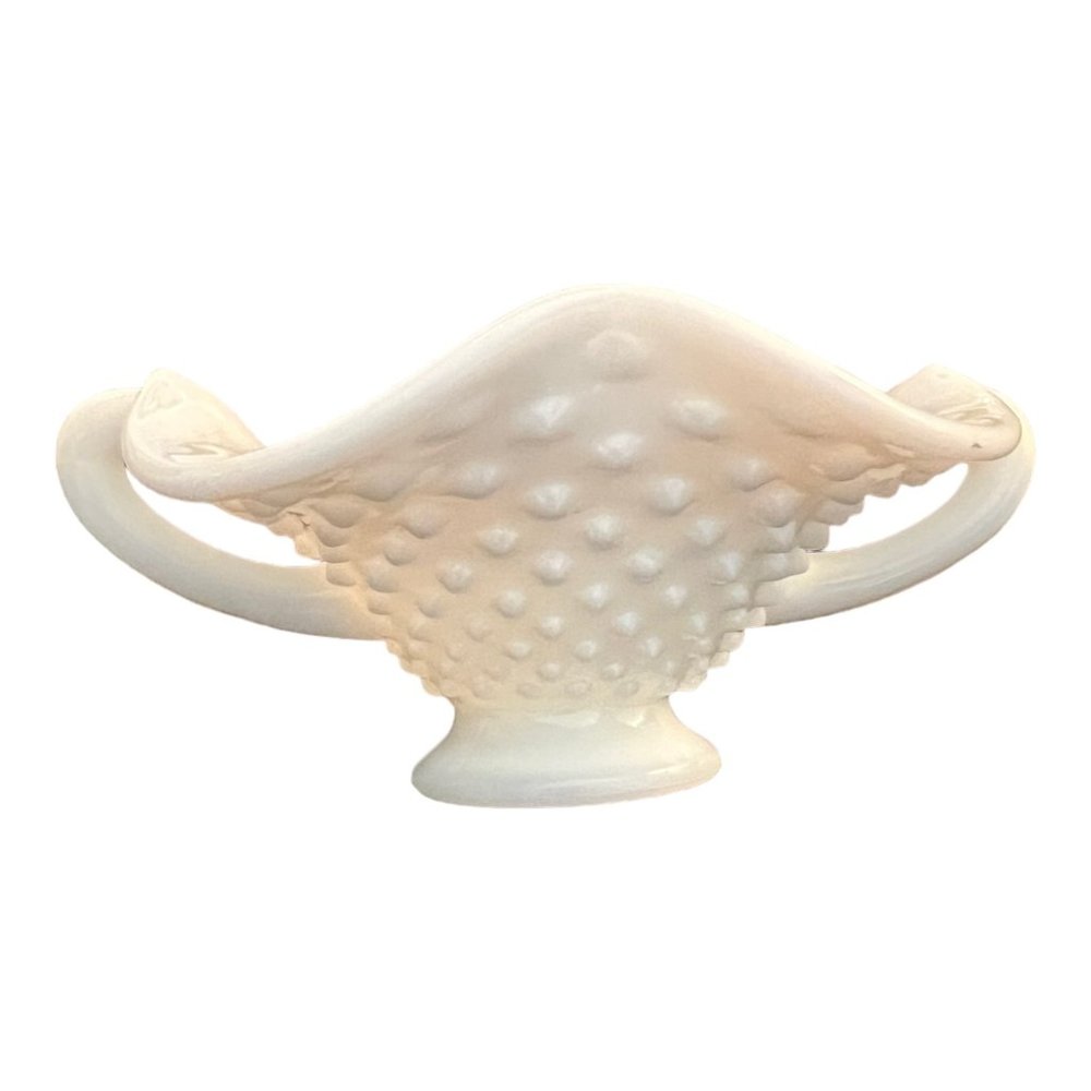 Vintage Fenton? White Milk Glass Hobnail Ruffled Double Handle Candy Dish Compot